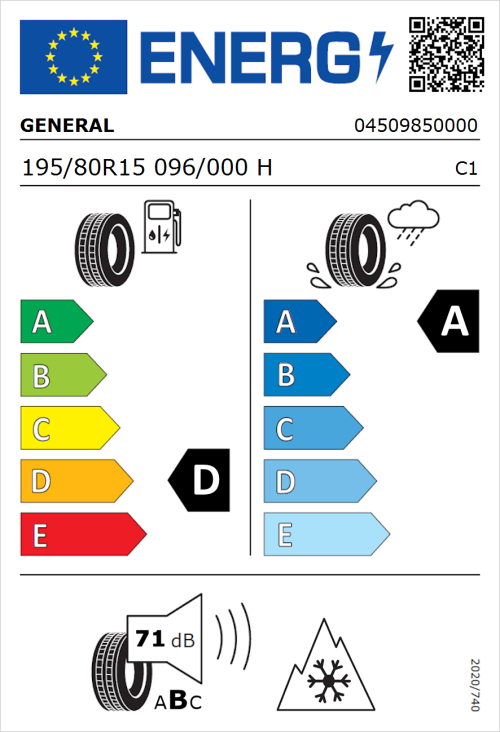 Tyre Label for General Grabber GT Plus 195/80R15 096/000H