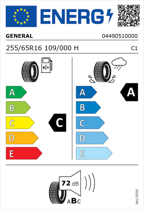 Tyre Label for General Grabber GT Plus 255/65R16 109/000H
