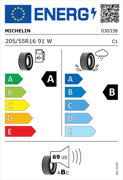 Tyre Label for Michelin e.primacy 205/55R16 91W
