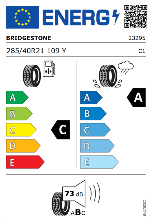 Tyre Label for Bridgestone Potenza Sport 285/40R21 109Y