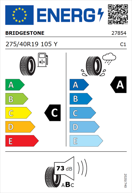 Tyre Label for Bridgestone Potenza Sport 275/40R19 105Y
