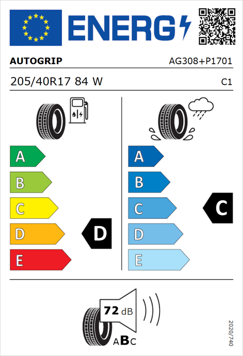 Tyre Label for Autogrip P308 Plus 205/40R17 84W